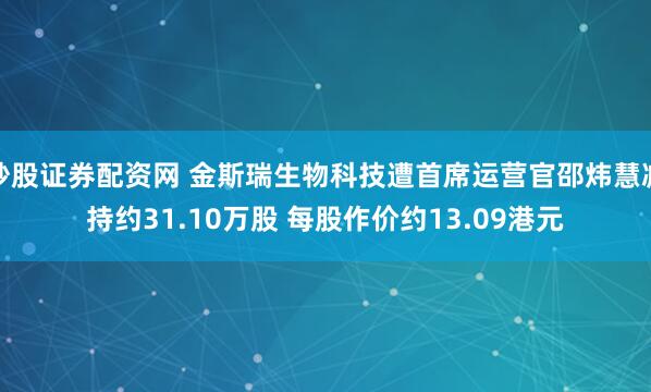 炒股证券配资网 金斯瑞生物科技遭首席运营官邵炜慧减持约31.10万股 每股作价约13.09港元